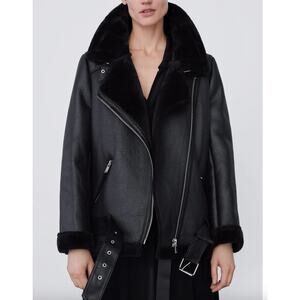 Double Faced Black Faux Leather Shearling Festival Moto Biker Jacket Size XS